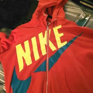 Vintage red zipper hoodie with stripe. It’s In very good condition and is lg